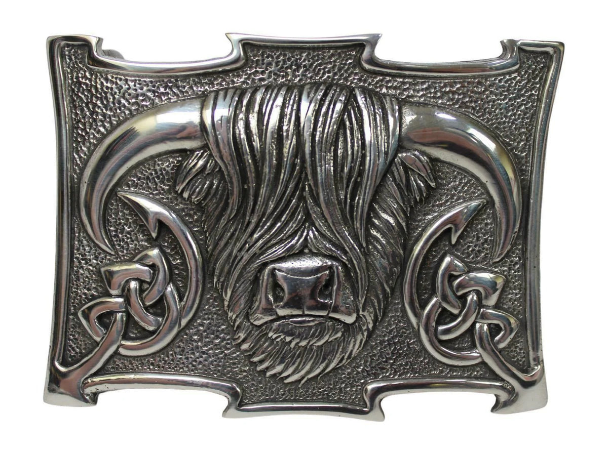 Highland Cow Celtic Knot Kilt Belt Buckle Polished Traditional Scottish Design, 9cm x 6.5cm