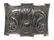 Highland Cow Celtic Knot Kilt Belt Buckle Polished Traditional Scottish Design, 9cm x 6.5cm