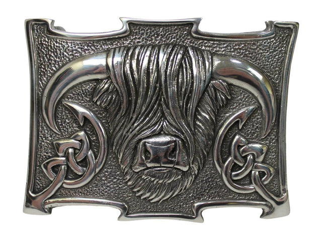 Highland Cow Celtic Knot Kilt Belt Buckle Polished Traditional Scottish Design, 9cm x 6.5cm