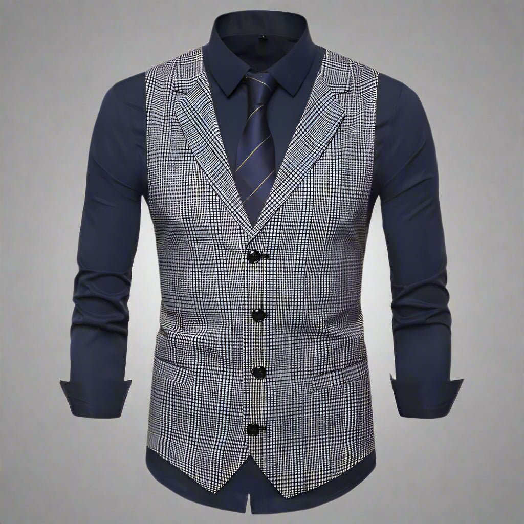 Men's suit vest with plaid pattern over a navy shirt on a white background, branded 'FAVOCENT'.