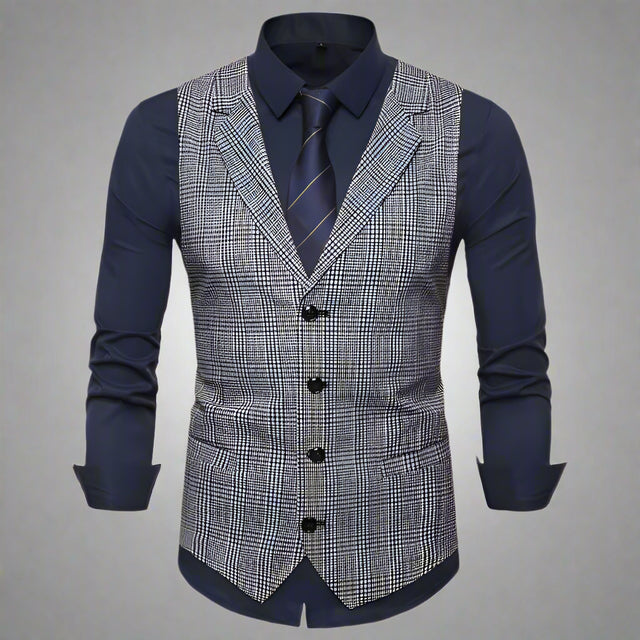 Men's suit vest with plaid pattern over a navy shirt on a white background, branded 'FAVOCENT'.