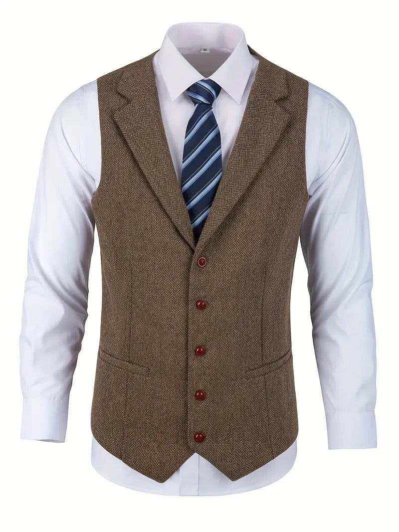 Men's Slim-Fit Vintage V-Neck Sleeveless Business Vest – All-Season Formal Waistcoat
