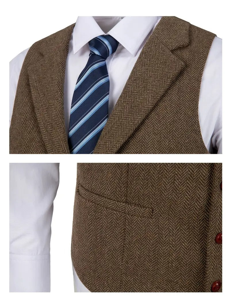 Men's Slim-Fit Vintage V-Neck Sleeveless Business Vest – All-Season Formal Waistcoat