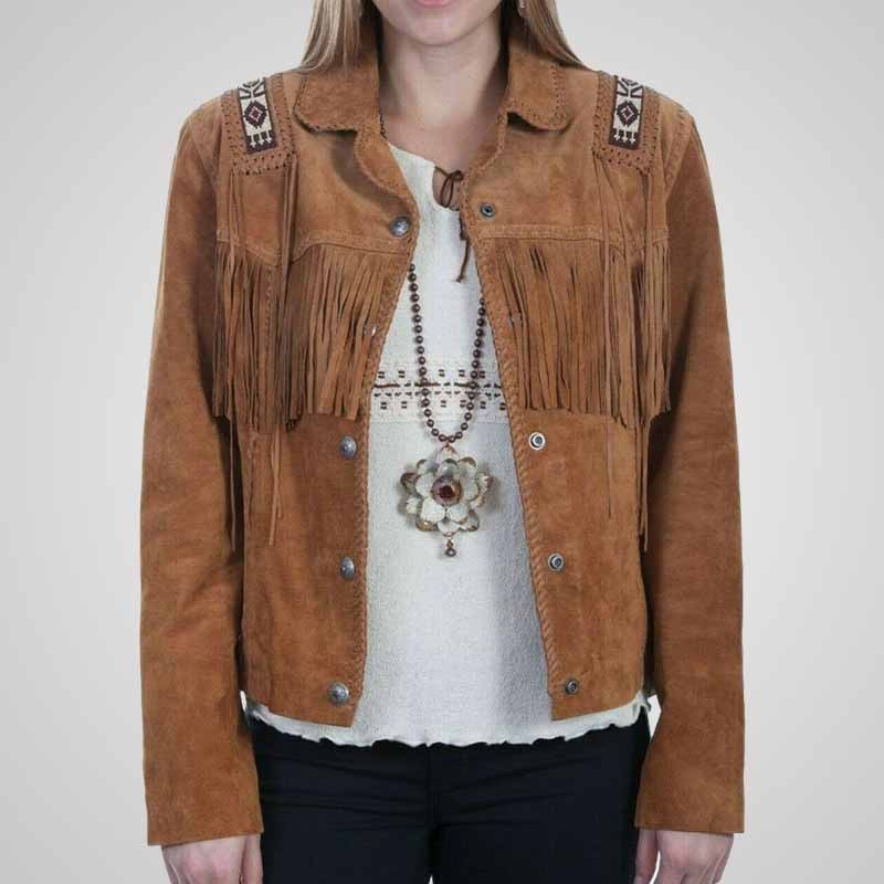 Women’s Western Suede Fringe Jacket with Beaded Detail – Brown Cowgirl Vintage Style