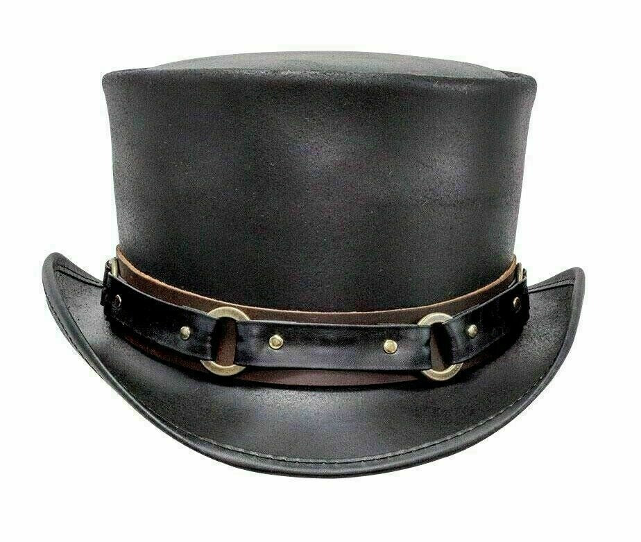 Men's Black Leather Steampunk Top Hat – Vintage Gothic Victorian Western Costume Hat
