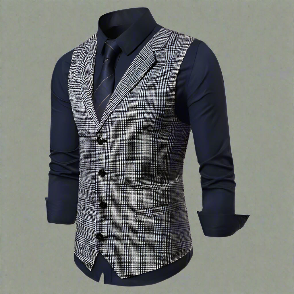 Gray checkered vest over a navy shirt with rolled-up sleeves on a white background, branded 'FAVOCENT'.