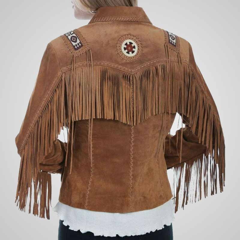 Women’s Western Suede Fringe Jacket with Beaded Detail – Brown Cowgirl Vintage Style