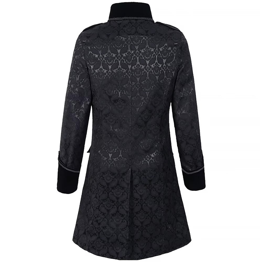 Men’s Black Gothic Victorian Coat – Brocade Tailcoat with Velvet Trim