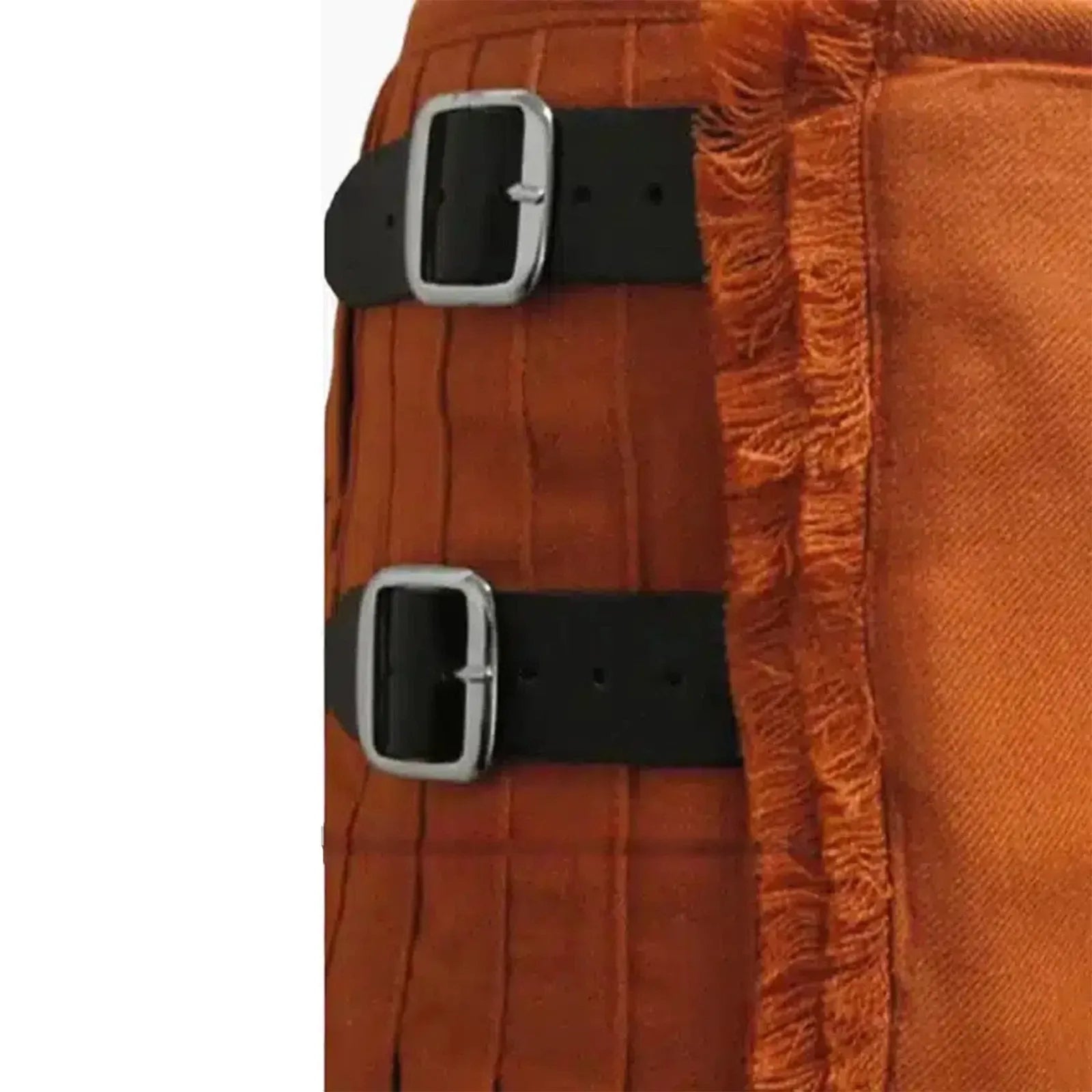 Scottish Highland Dress Saffron Kilt in traditional saffron yellow tartan with pleated design and adjustable buckle fastening Close Up Buckle