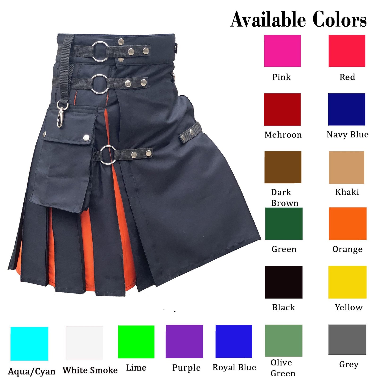 Black Utility Kilt with Color Pleats | Hybrid Kilt with Nylon Straps & Cargo Pockets | Handmade Scottish Modern Kilt for Men