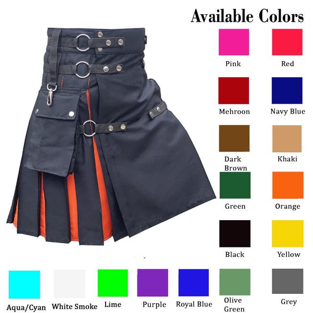 Black Utility Kilt with Color Pleats | Hybrid Kilt with Nylon Straps & Cargo Pockets | Handmade Scottish Modern Kilt for Men