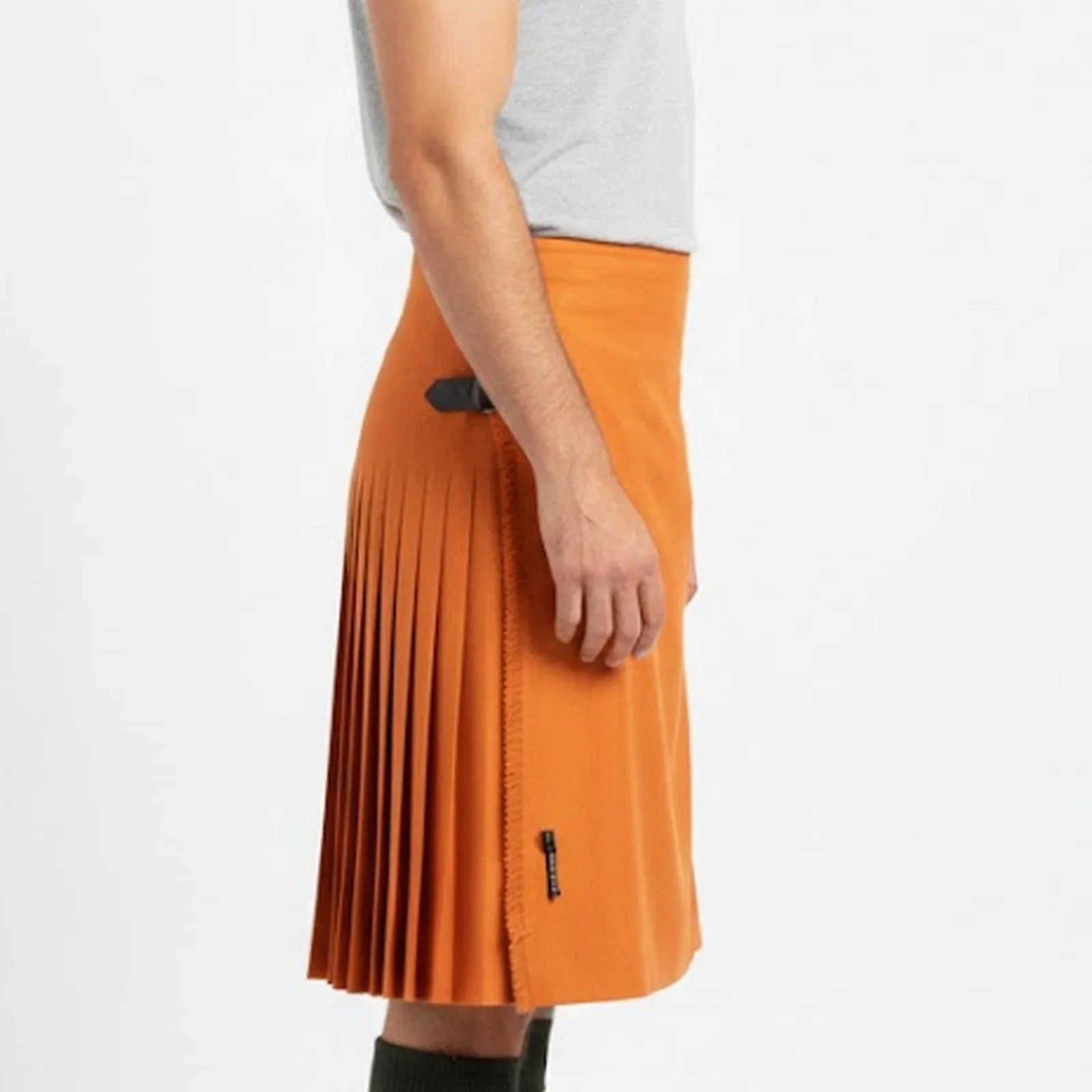 Scottish Highland Dress Saffron Kilt in traditional saffron yellow tartan with pleated design and adjustable buckle fastening Side