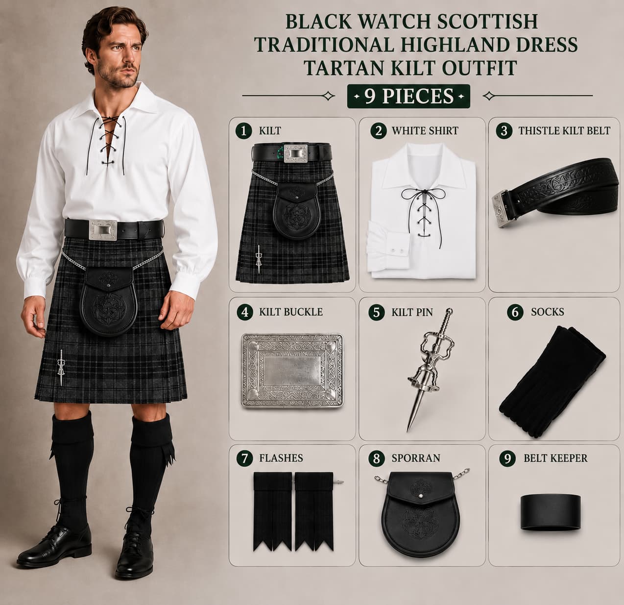 Black Watch Scottish Traditional Highland Dress Tartan Kilt Outfit – 9 Pieces