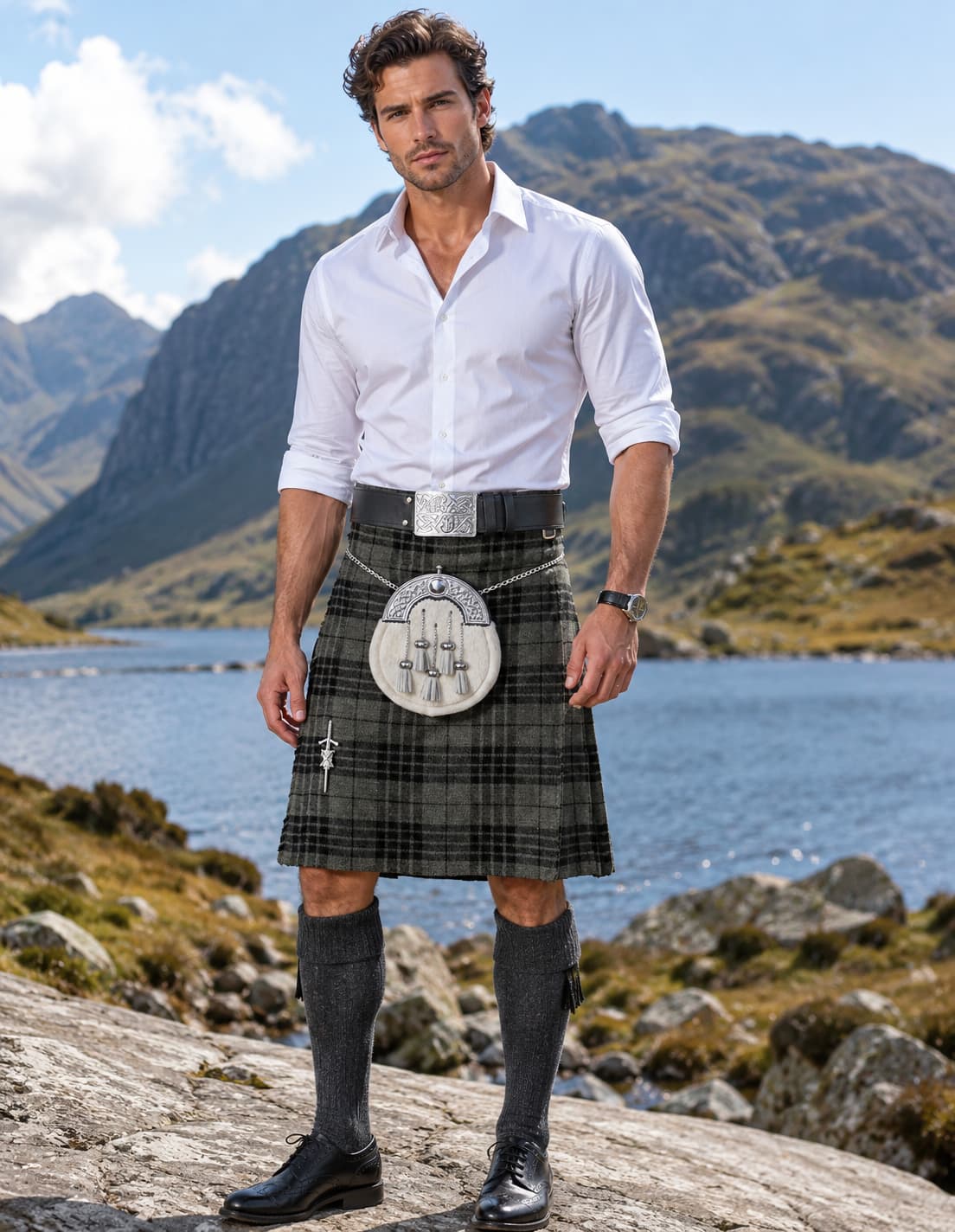 Men's Grey Scottish Tartan Kilt Outfit Set – Traditional Highland Kilt with Leather Belt, Celtic Buckle & White Fur Sporran