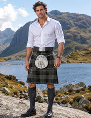 Men's Grey Scottish Tartan Kilt Outfit Set – Traditional Highland Kilt with Leather Belt, Celtic Buckle & White Fur Sporran