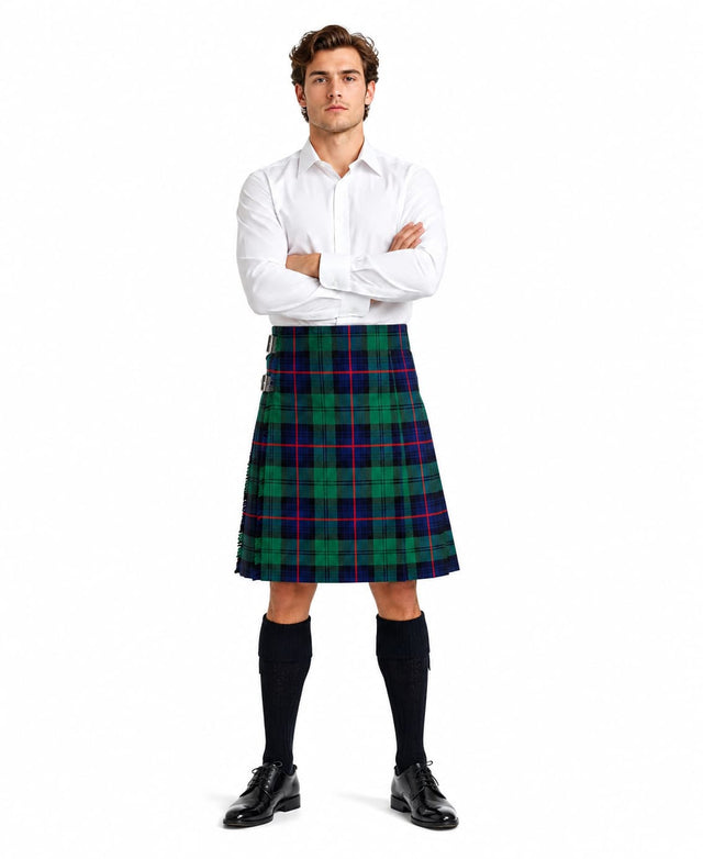 Armstrong Modern Tartan Kilt in green, navy blue, and red tartan pattern with pleated design and adjustable leather buckle straps Model