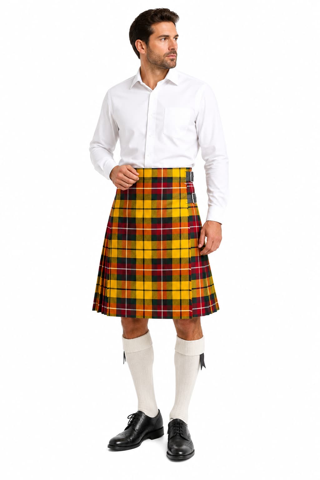 Buchanan Modern Tartan Kilt in vibrant yellow, red, and green plaid with traditional pleated styling Model