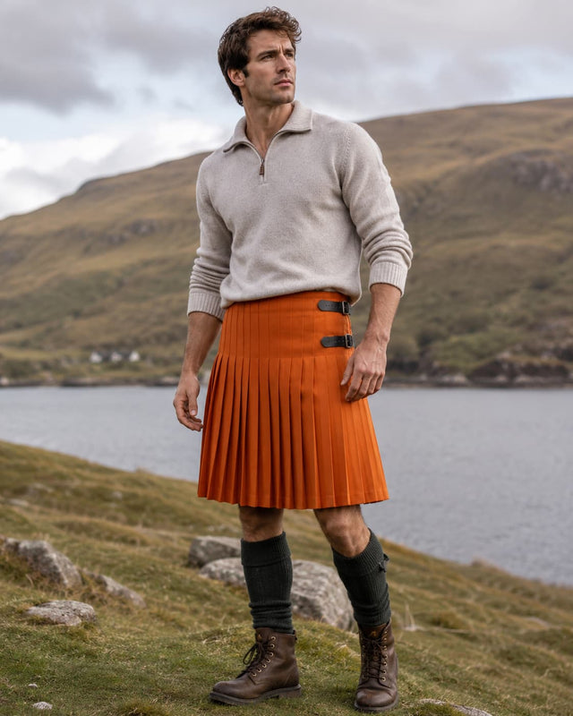 Men's Orange Scottish 8-yard Kilt – Traditional Highland Pleated Kilt with Leather Buckle Straps