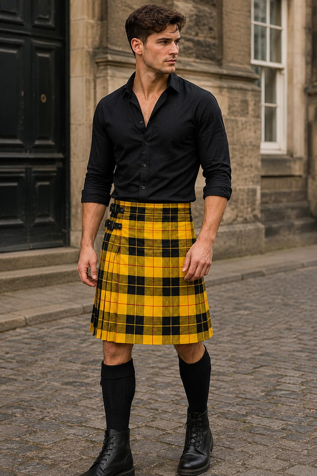 Men's Yellow Black Tartan Utility 8-yard Kilt – Scottish Plaid Fashion Kilt with Adjustable Straps | Traditional Highland Kilt for Casual Wear, Festivals & Events