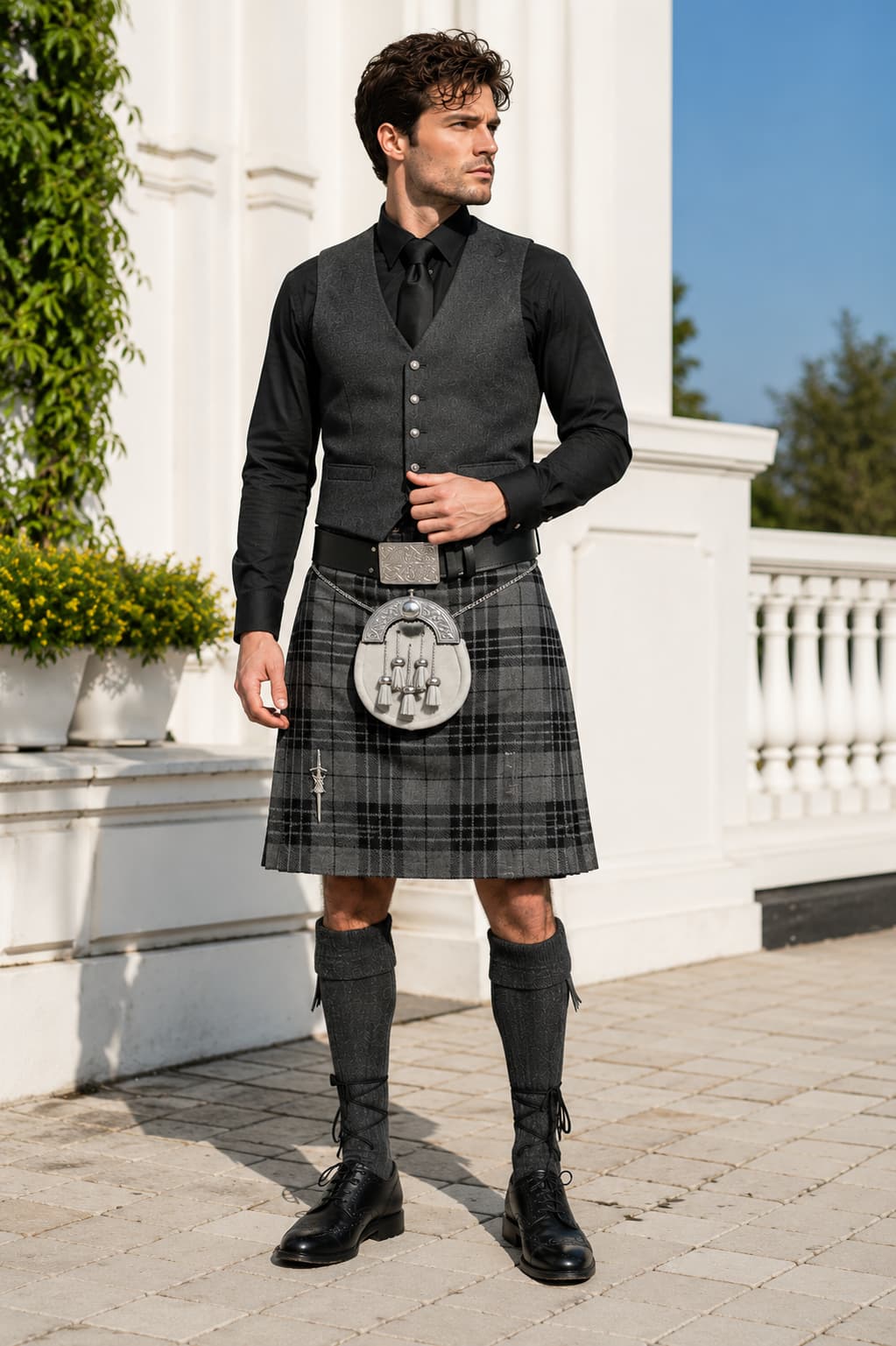 Grey Scottish Tartan Kilt for Men – Traditional Highland Kilt Outfit with White Fur Sporran, Belt & Kilt Pin