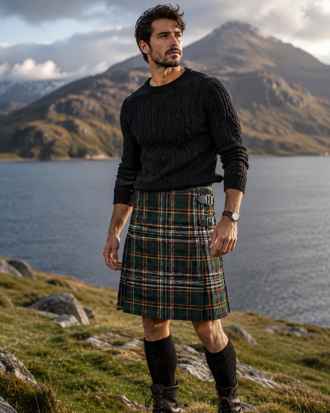 Premium Green Tartan Scottish 8-yard Kilt for Men – Traditional Highland Plaid Kilt with Leather Straps