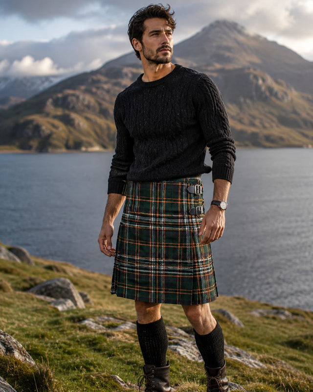 Premium Green Tartan Scottish 8-yard Kilt for Men – Traditional Highland Plaid Kilt with Leather Straps