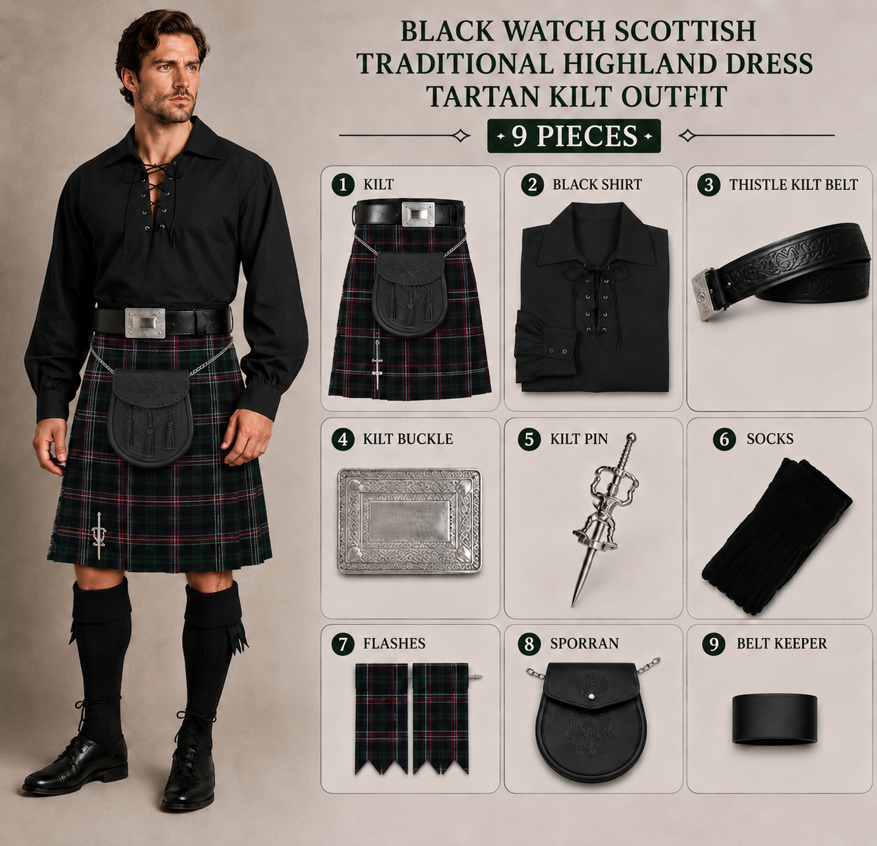 Black Watch Scottish Traditional Highland Dress Tartan Kilt Outfit – 9 Pieces