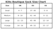 Kilts Boutique Sock Size Chart with UK, EU, and US measurements