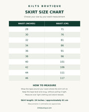 A digital size chart for Kilts Boutique Skirts, showing waist measurements in inches and centimeters from 28 to 46, with instructions on how to measure.