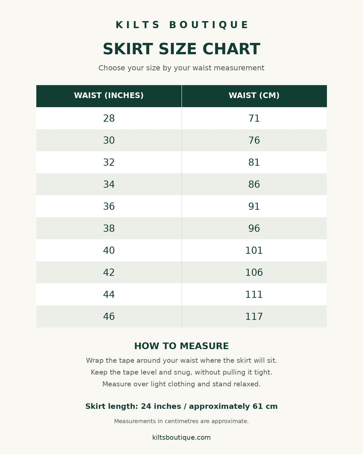 A digital size chart for Kilts Boutique Skirts, showing waist measurements in inches and centimeters from 28 to 46, with instructions on how to measure.