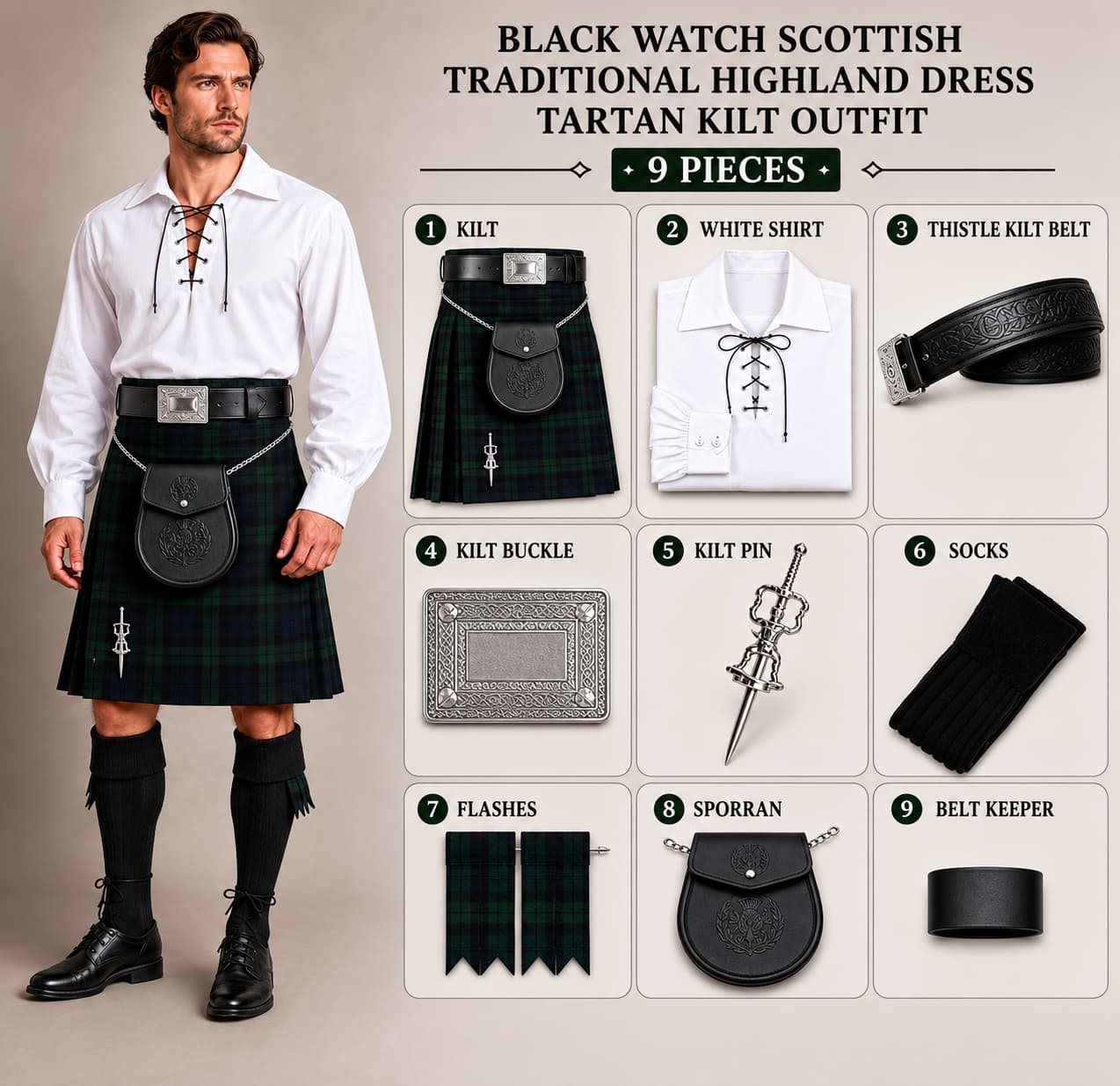 Black Watch Scottish Men's Traditional Highland Dress Tartan Kilt Outfit 9 Piece Set with White Jacobite Ghillie Shirt, Sporran & Belt