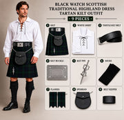 Black Watch Scottish Men's Traditional Highland Dress Tartan Kilt Outfit 9 Piece Set with White Jacobite Ghillie Shirt, Sporran & Belt