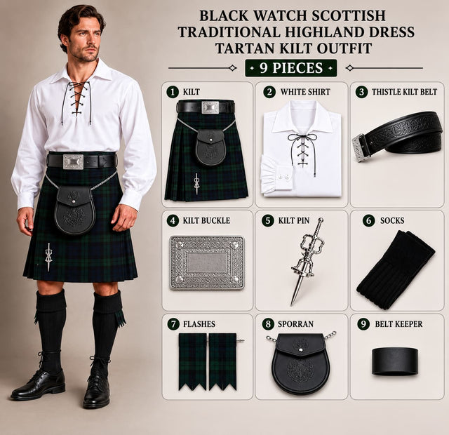 Black Watch Scottish Men's Traditional Highland Dress Tartan Kilt Outfit 9 Piece Set with White Jacobite Ghillie Shirt, Sporran & Belt