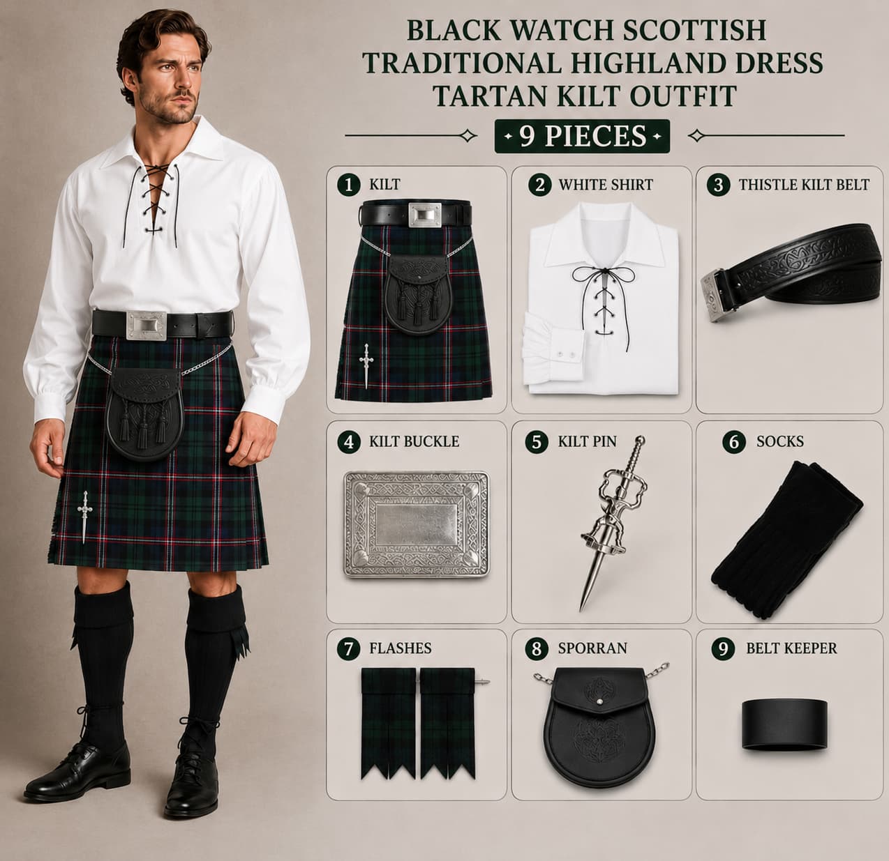 Black Watch Scottish Traditional Highland Dress Tartan Kilt Outfit – 9 Pieces