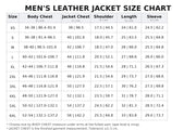 Men's leather jacket size chart with measurements for body chest, jacket chest, shoulder, length, and sleeve.