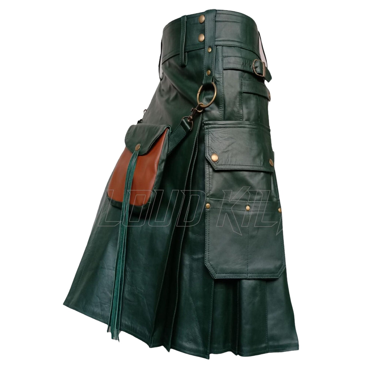 Men's Green Leather Kilt with Sporran – Handmade Real Leather Scottish Highland Kilt 24" Drop | Made to Order