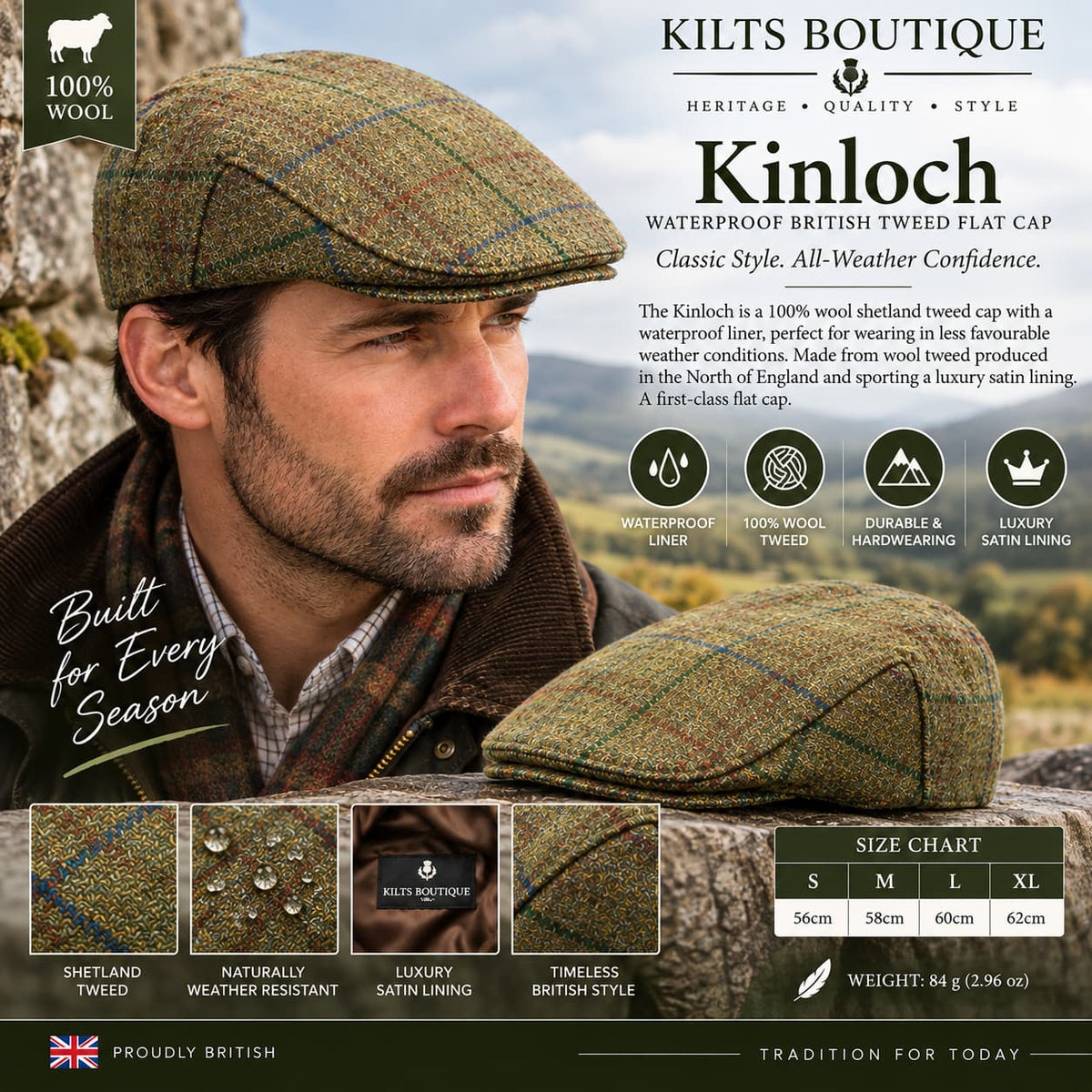 Kinloch 100% Wool Tweed Waterproof Flat Cap