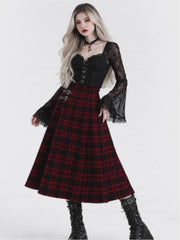 Womens Red Plaid Wool Blend Long Skirt High Waist A Line Gothic Autumn Winter Skirt