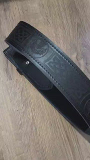 Black Leather Kilt Belt Celtic Embossed Scottish Thistle Highland Belt