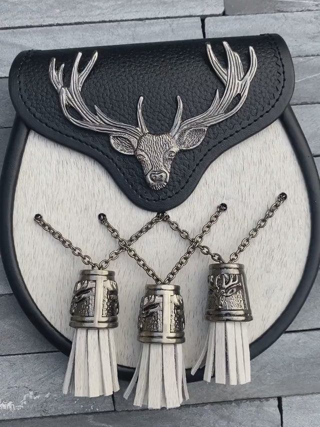 White Fur & Leather Stag Head Cantle Sporran with Celtic Thistle Tassels – Premium Scottish Kilt Accessory