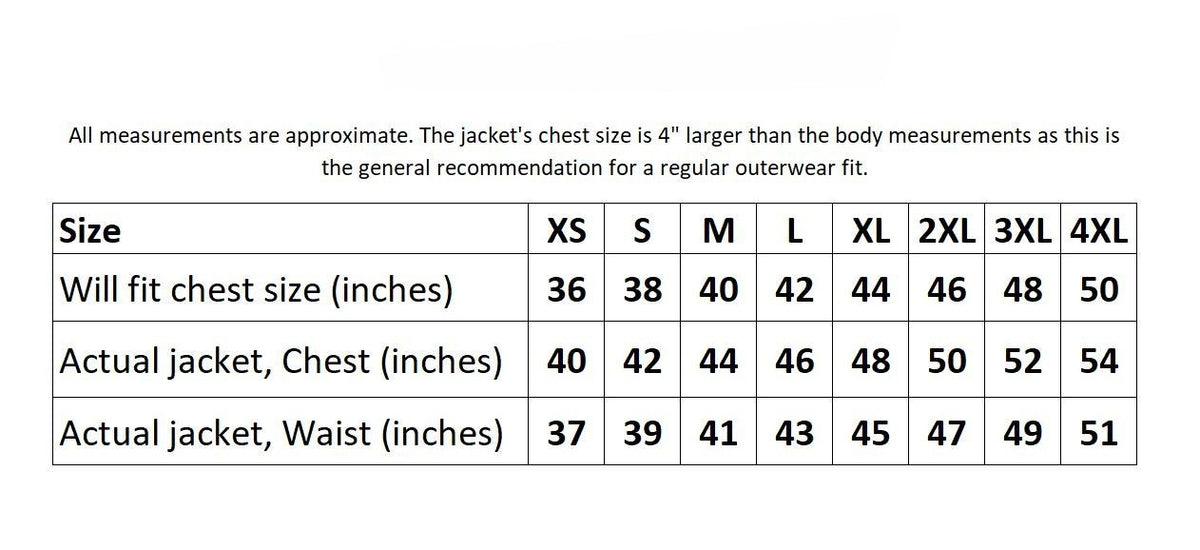 Size chart for jacket fit with chest and waist measurements.