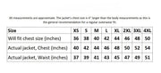 Size chart for jacket fit with chest and waist measurements.