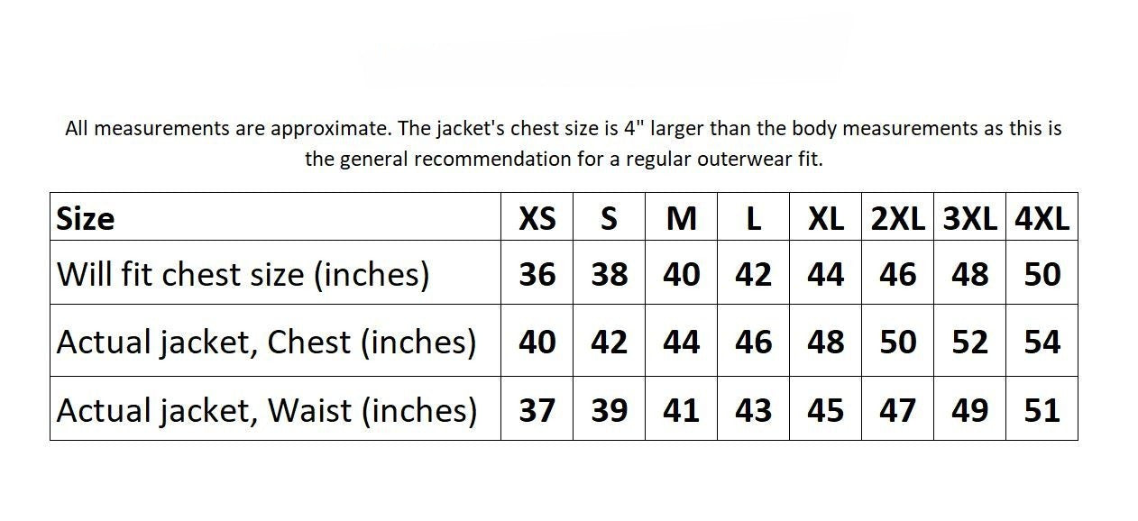 Size chart for jacket fit with chest and waist measurements.