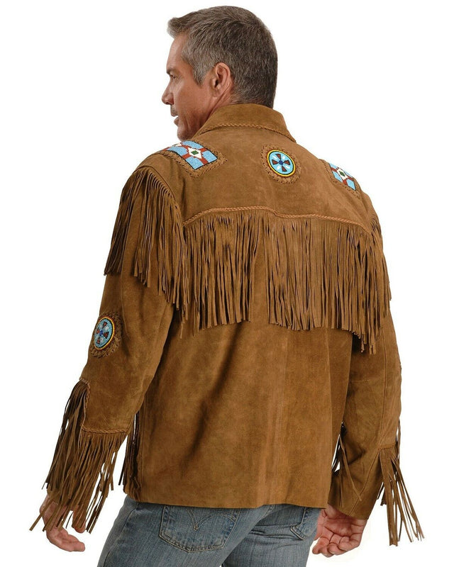 Men Native American Western Cowboy Leather Jacket Suede Coat Fringe Eagle Beads