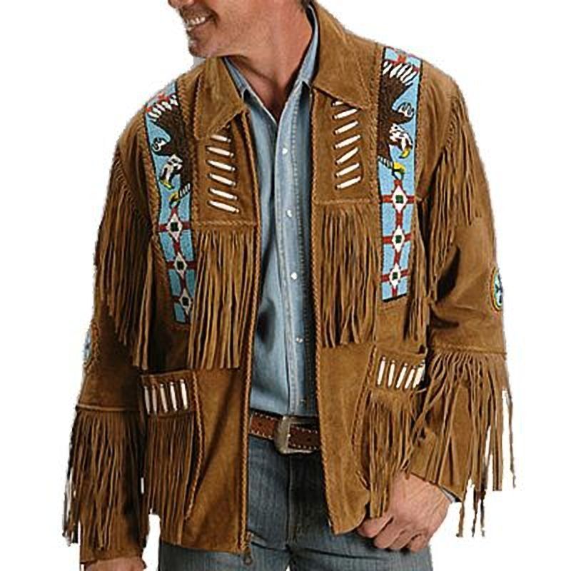 Men Native American Western Cowboy Leather Jacket Suede Coat Fringe Eagle Beads