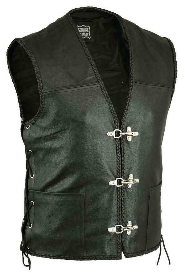 Men Genuine Leather Black Fish Hook Buckle Side Lace Motorcycle Vest - Waistcoat