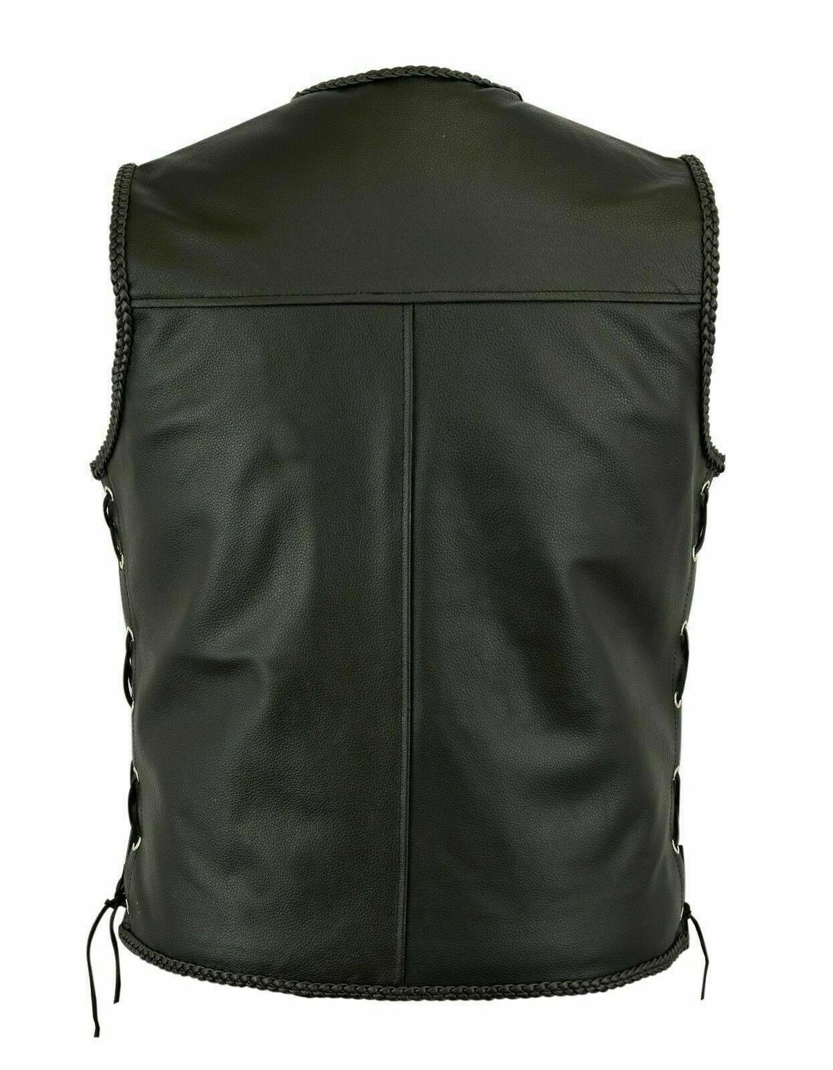Men Genuine Leather Black Fish Hook Buckle Side Lace Motorcycle Vest - Waistcoat