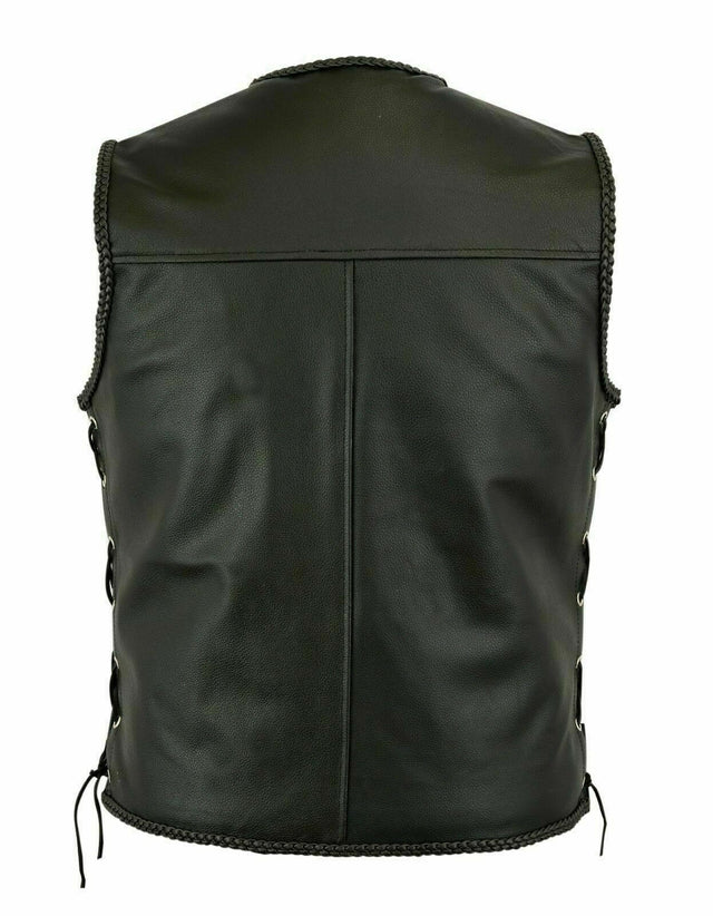 Men Genuine Leather Black Fish Hook Buckle Side Lace Motorcycle Vest - Waistcoat