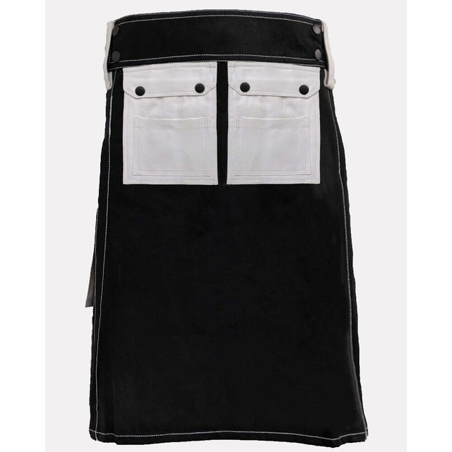 Black & White Work Wear Utility Kilt for Working Men With Multi Packets