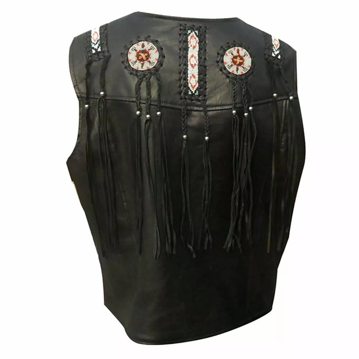 Men's Western Wear Brown/Black Suede Leather Cowboy Vest with Beaded Design, Fringe, and Bone Accents